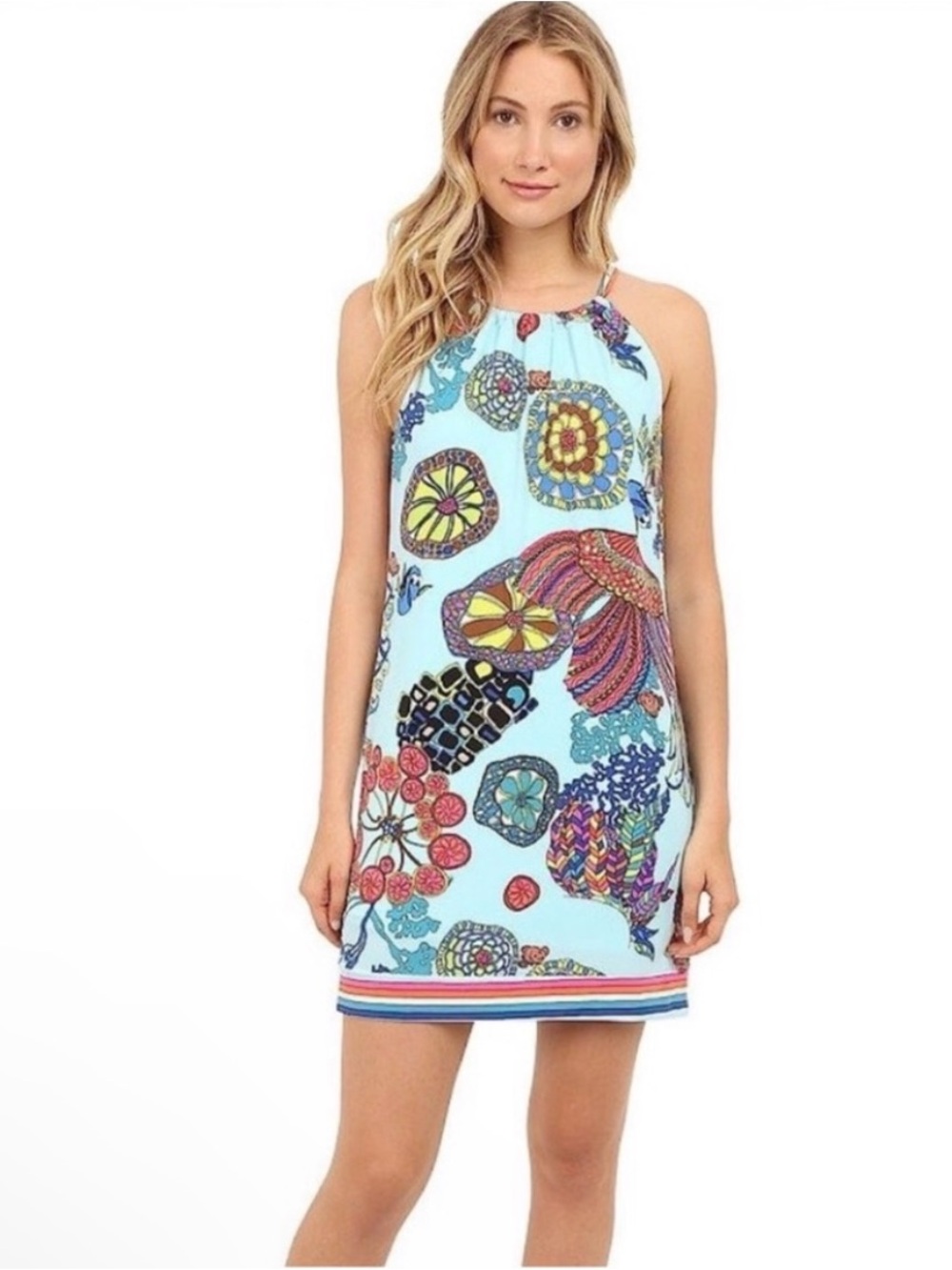 Sleeveless Light Blue Tropical Print Halter Dress